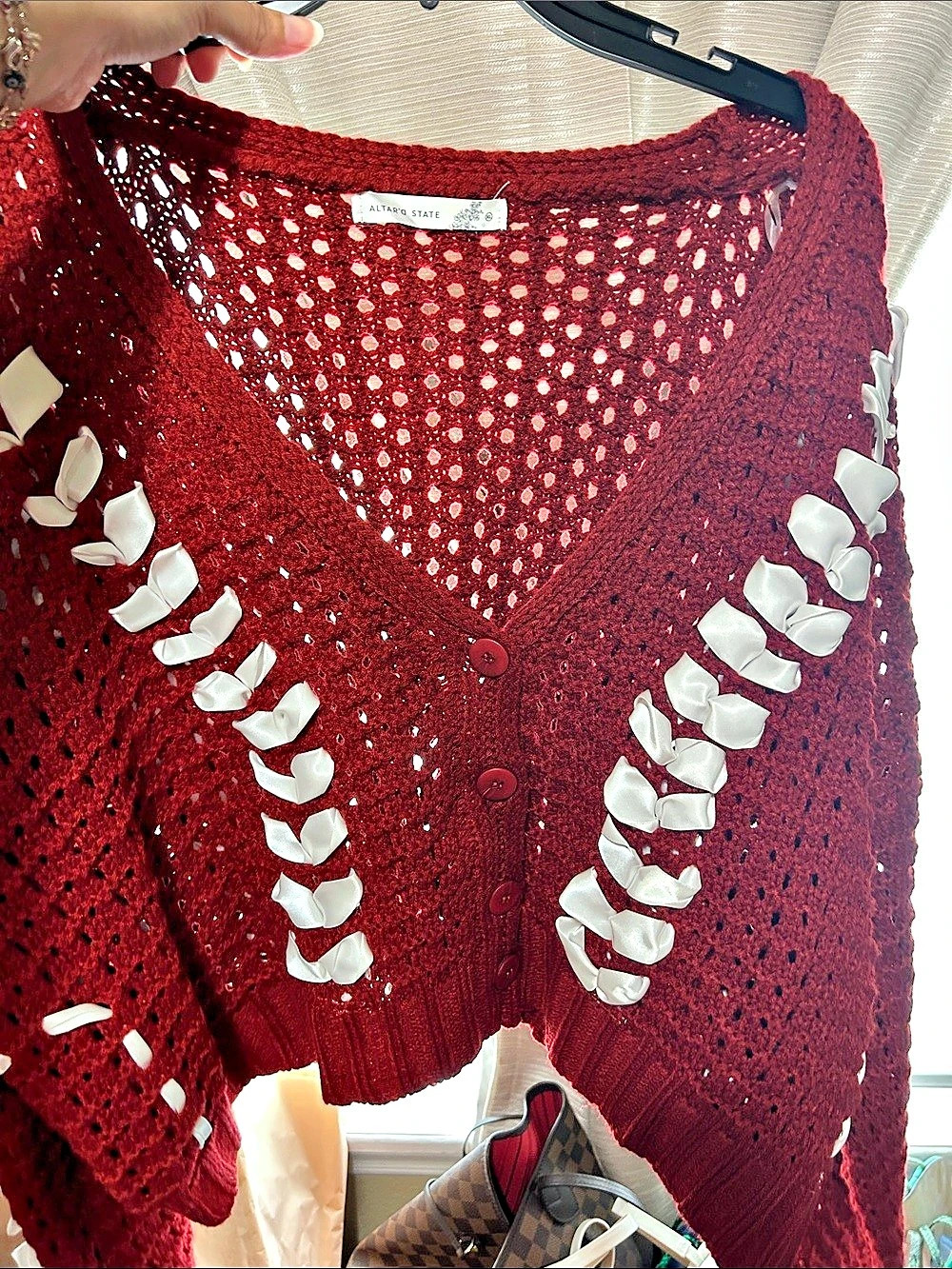 Altar'd State Red Ribbon Trim Crochet Cardigan Like New